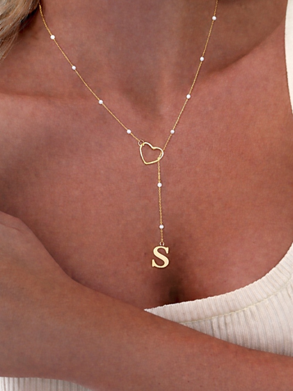 Initial S Heart Y Necklace | Pearl Beaded Lariat Minimalist Jewelry